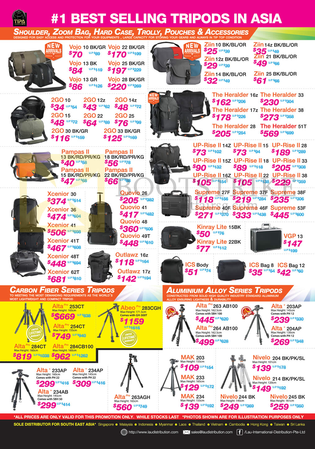 SITEX 2013 price list image brochure of Lau Intl Bags, Pouches, Accessories, Vojo Ziin 2go Papmas Xcenior Quovio ICS, Tripods