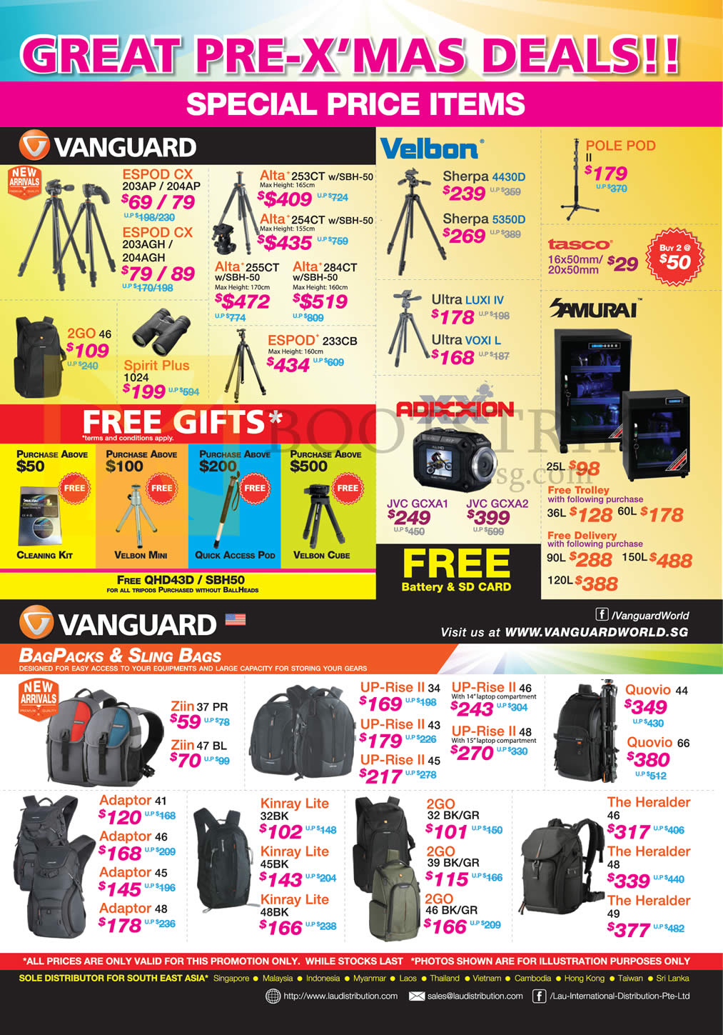 SITEX 2013 price list image brochure of Lau Intl Vanguard, Velbon, Samurai, Adixxion, Bags, Tripods, Binoculars, Storage