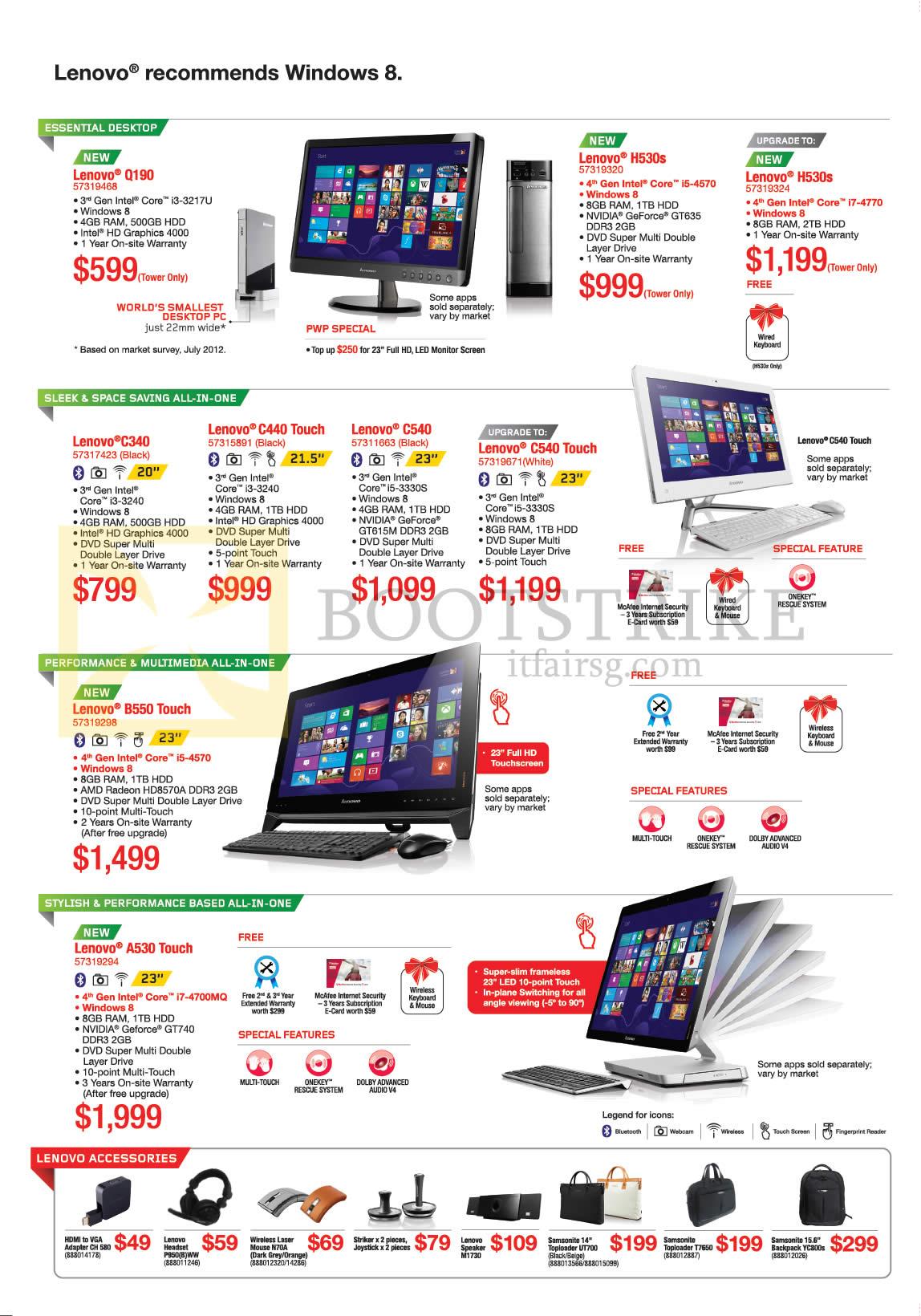 SITEX 2013 price list image brochure of Lenovo Desktop PCs Q190 H530s, AIO Desktop PCs C340, C440 Touch, C540, A530, B550, Accessories, Mouse, Bags