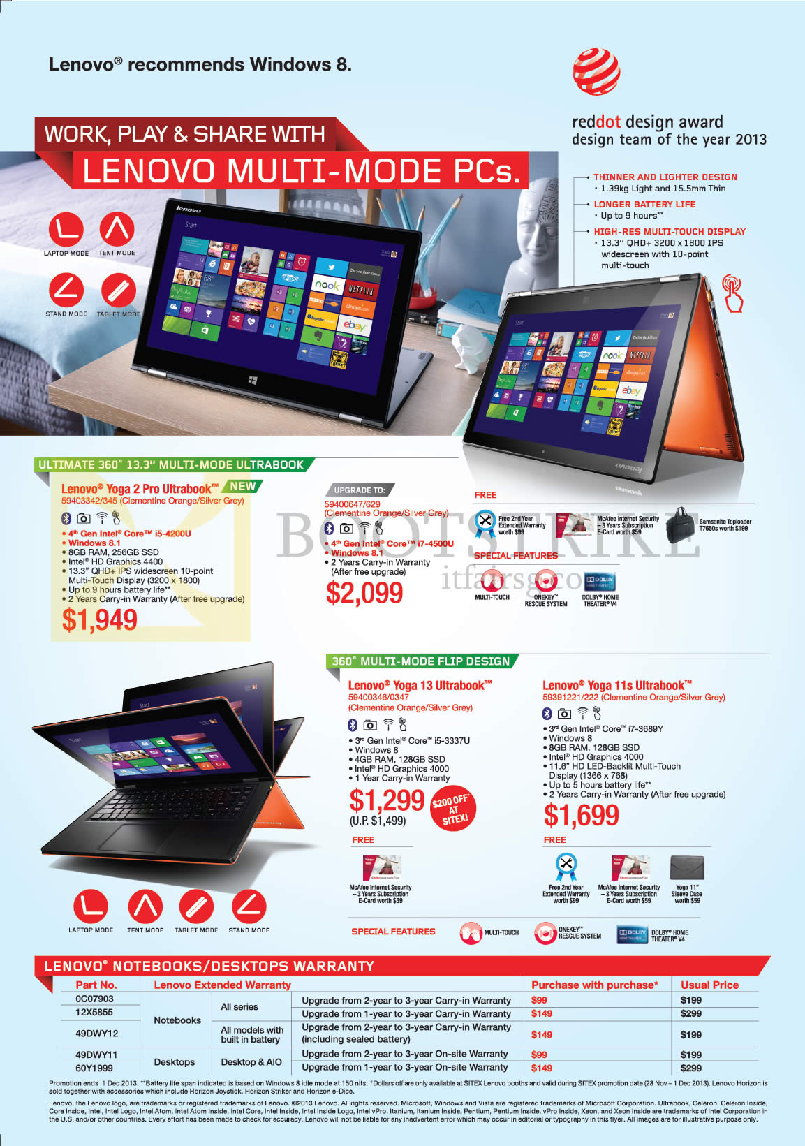 SITEX 2013 price list image brochure of Lenovo Notebooks Yoga 2 Pro Ultrabook, Yoga 13, Yoga 11s