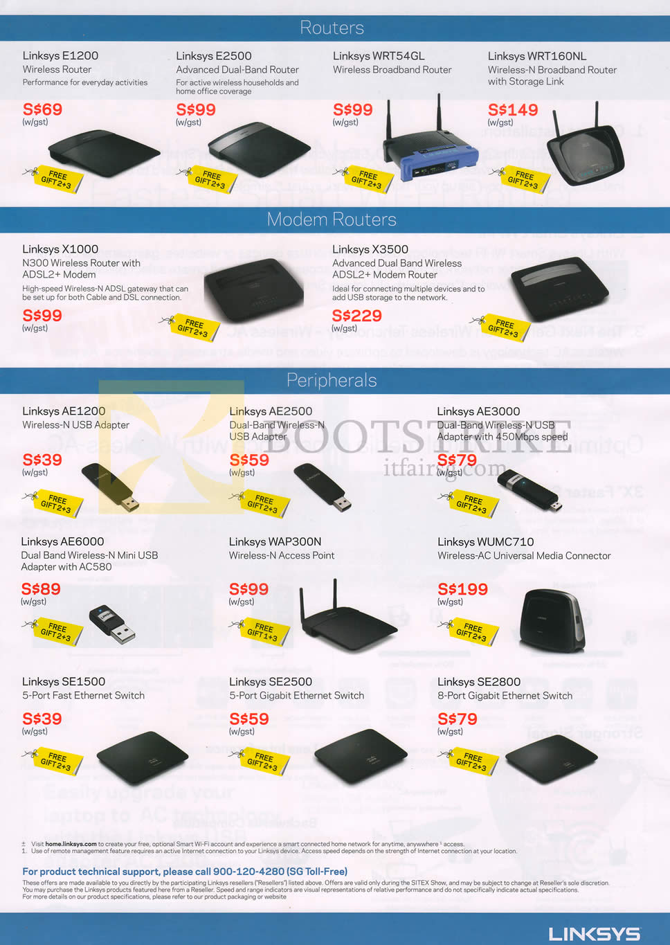 SITEX 2013 price list image brochure of Linksys Wireless Routers, Modems, USB Adapters, Switch, E1200, E2500, WRT54GL, WRT160NL, X1000, AE1200, AE2500, AE6000, WAP300N, WUMC710, SE1500, SE2500, SE2800