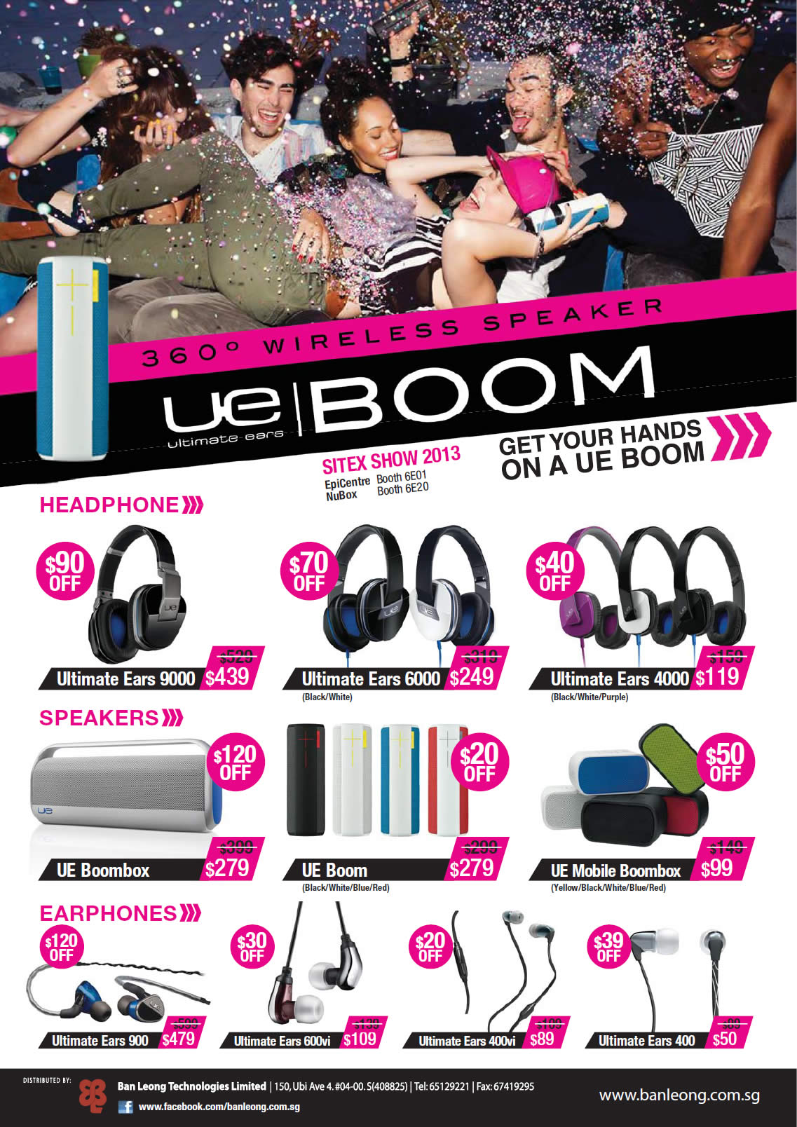 SITEX 2013 price list image brochure of Logitech Headphones, Speakers, Earphones, Ultimate Ears 9000, 6000, 4000, 900, 400vi, 400, 600vi, UE Boombox, Boom, Mobile Boombox