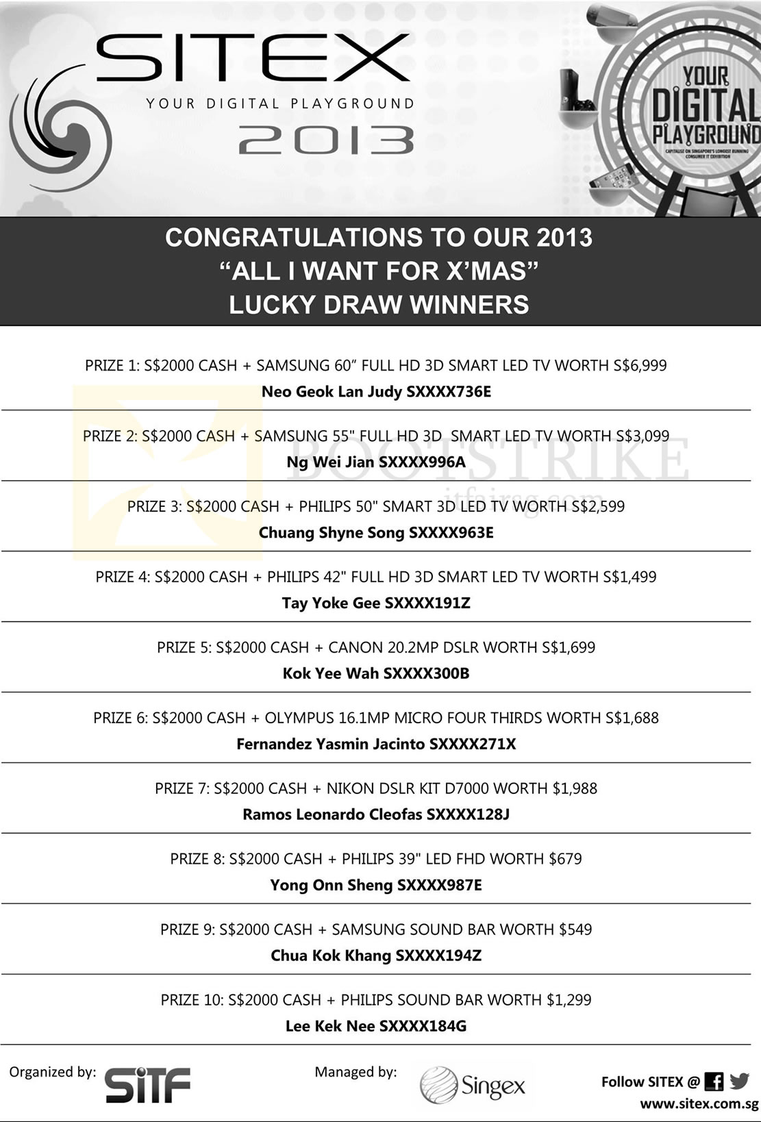 SITEX 2013 price list image brochure of Lucky Draw Results Winners