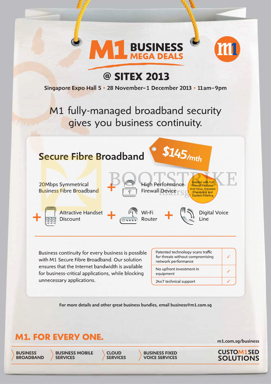 SITEX 2013 price list image brochure of M1 Business 20Mbps Secure Fibre Broadband, Handset, Firewall, Router, Digital Voice Line
