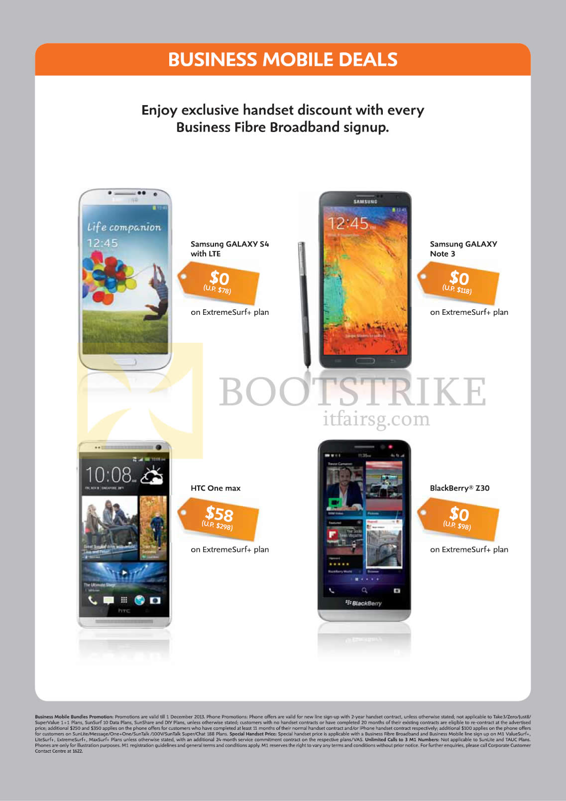 SITEX 2013 price list image brochure of M1 Business Mobile Deals Samsung Galaxy S4 LTE, Note 3, HTC One Max, Blackberry Z30