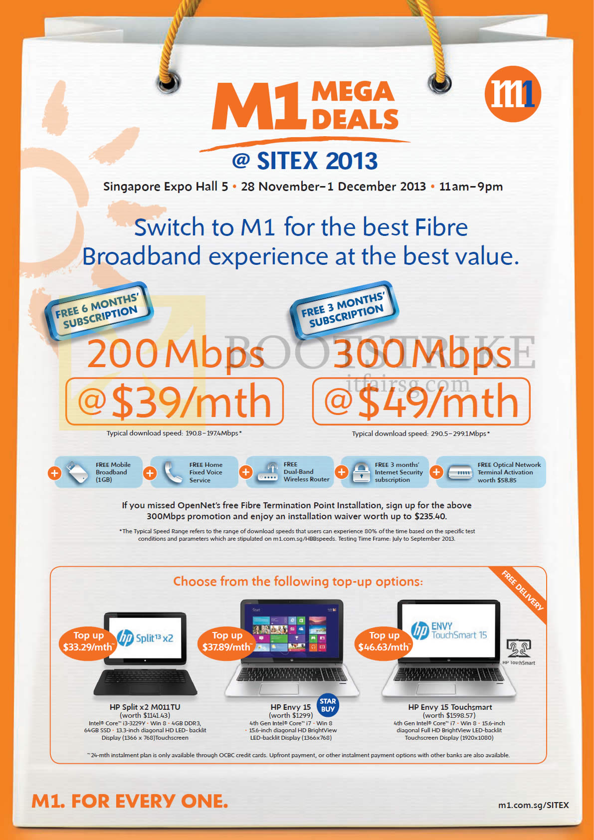 SITEX 2013 price list image brochure of M1 Fibre Broadband 200mbps 39.00 Free 6 Months, 300Mbps 49.00 Free 3 Months, HP Split X2 M011TU Notebook, Envy 15, Envy 15 Touchsmart