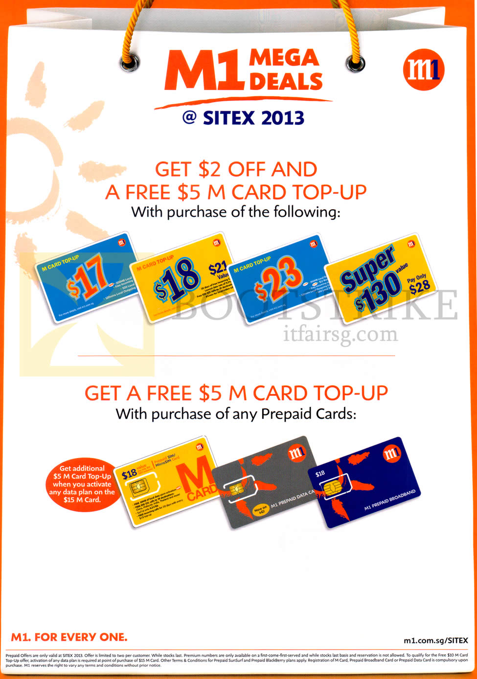 SITEX 2013 price list image brochure of M1 Mobile M Card Top Up Cards, 2 Dollar Off, Free 5 Dollar Top Up