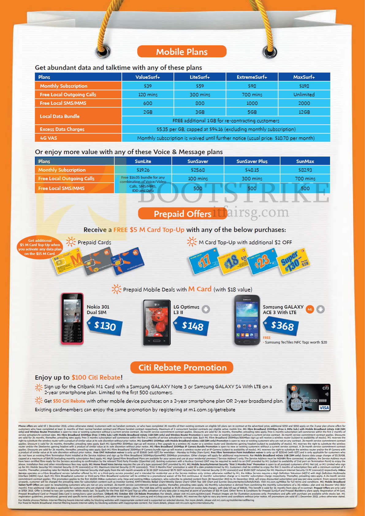 SITEX 2013 price list image brochure of M1 Mobile Plans, M Card Prepaid Top Up, Citibank Rebate, Nokia 301, LG Optimus L3 II, Samsung Galaxy Ace 3