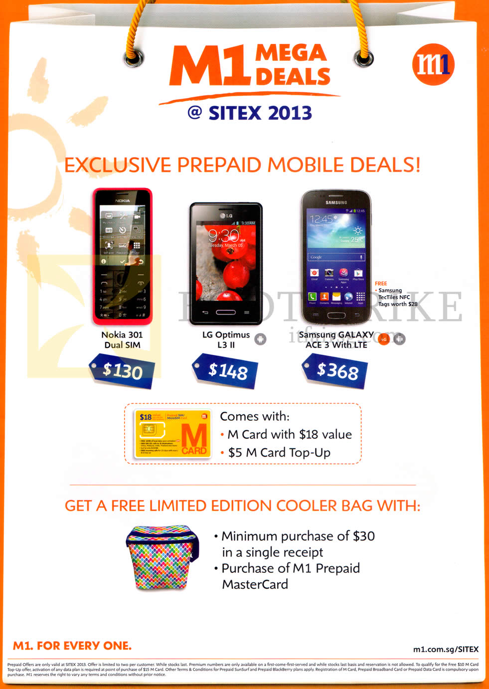 SITEX 2013 price list image brochure of M1 Mobile Prepaid M Card Nokia 301, LG Optimus L3 II, Samsung Galaxy Ace 3, Free Cooler Bag