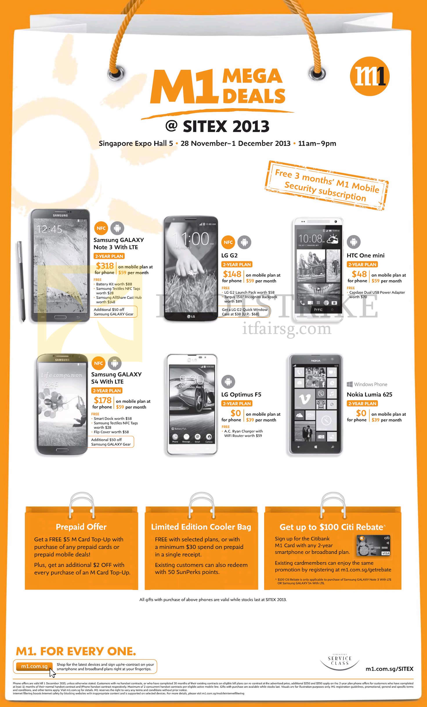 SITEX 2013 price list image brochure of M1 Mobile Samsung Galaxy Ntoe 3, S4, LG G2, Optimus F5, HTC One Mini, Nokia Lumia 625