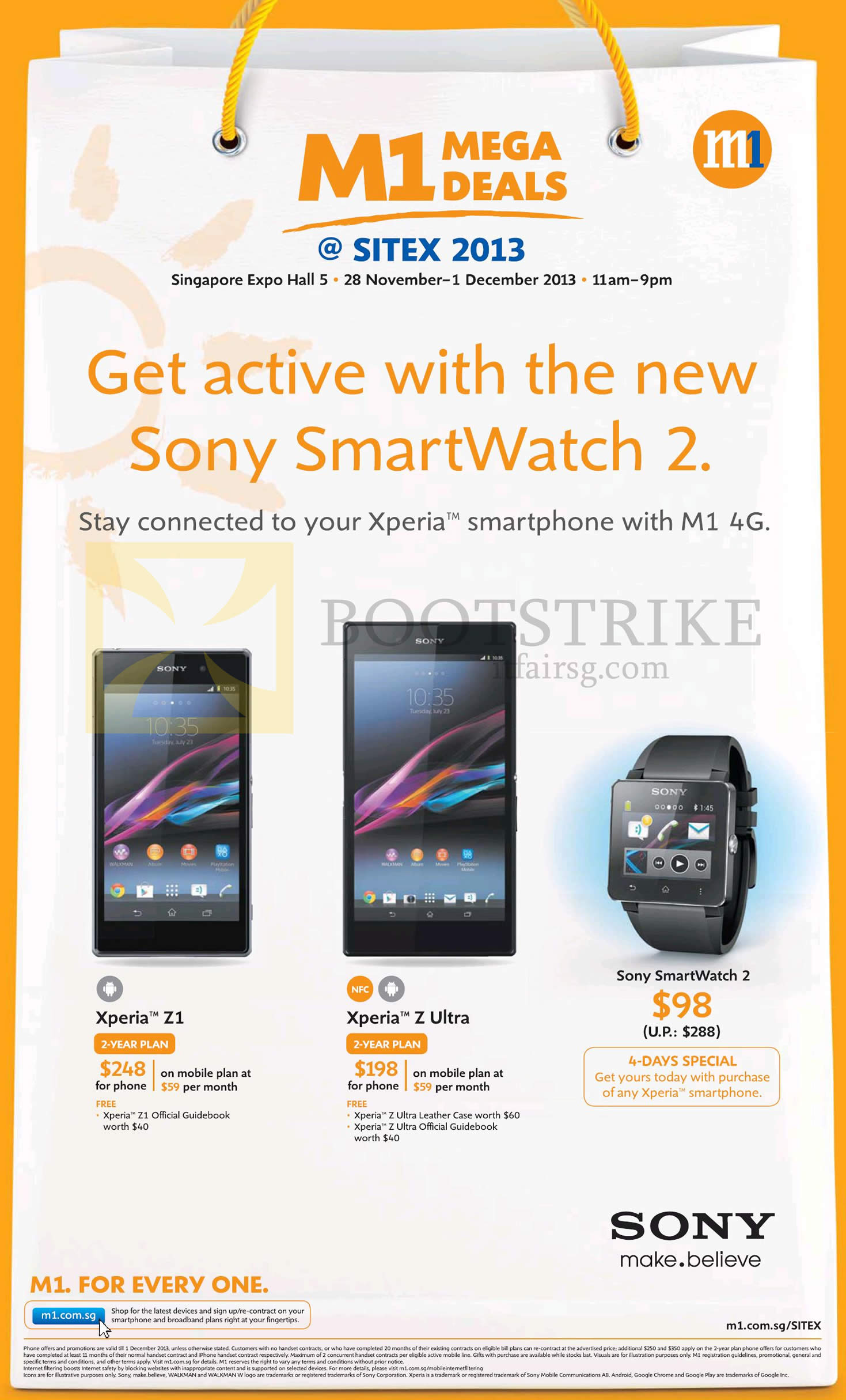 SITEX 2013 price list image brochure of M1 Mobile Sony Xperia Z1, Xperia Z Ultra, Smartwatch 2