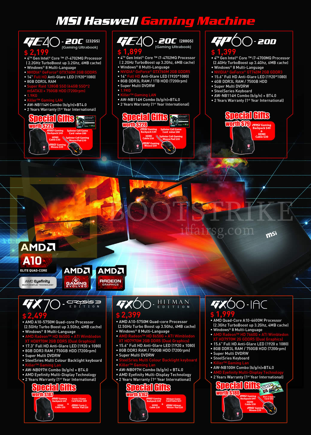 SITEX 2013 price list image brochure of MSI Desktop PCs Gaming Haswell GE40-20C, GP60-20D, AMD GX70-Crysis3, GX60-Hitman, GX60-1AC