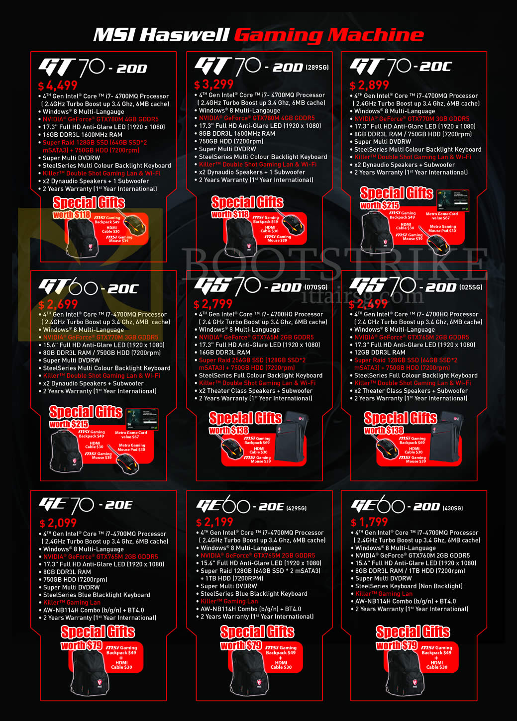 SITEX 2013 price list image brochure of MSI Desktop PCs Haswell Gaming GT70-20D, GT70-20C, GT60-20C, GS70-20D, GE70-20E, GE60-20E, GE60-20D