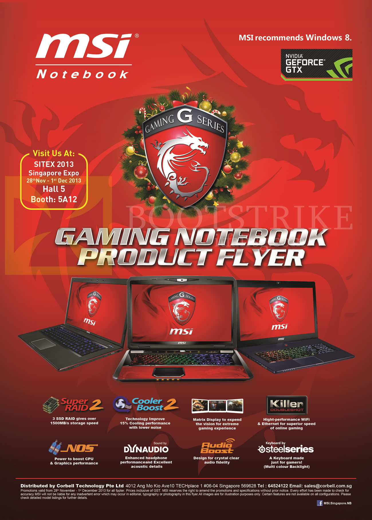 SITEX 2013 price list image brochure of MSI Gaming Notebooks Cover, Features, NOS, Dynaudio, Steelseries Keyboard, Killer, Raid, SSD