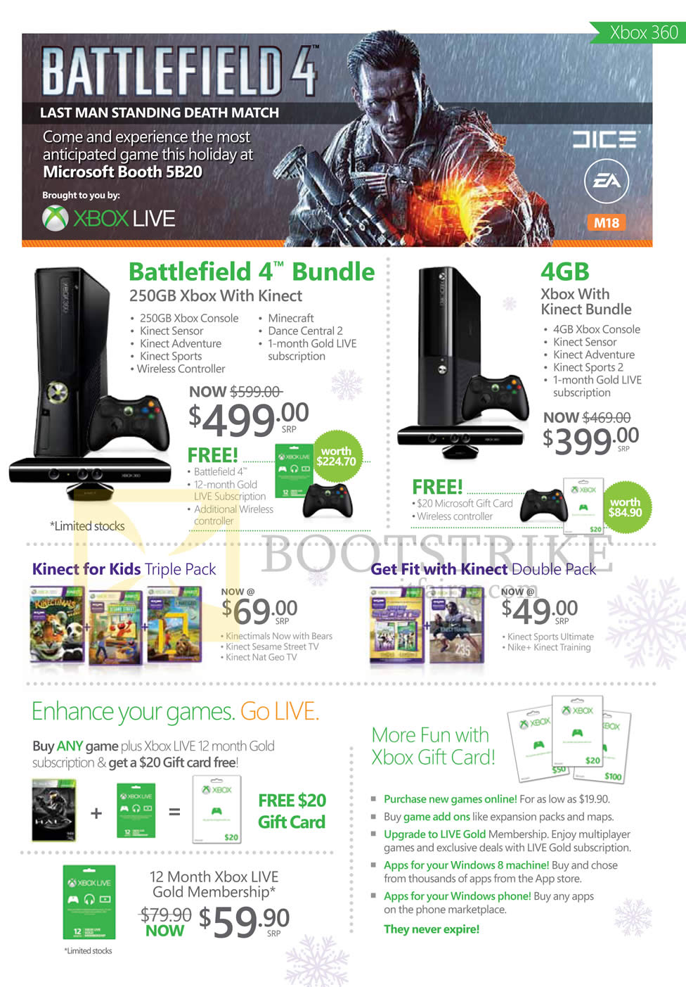 SITEX 2013 price list image brochure of Microsoft Xbox 360 Battlefield 4 Bundle, Kinect Bundle, Games, Kids, Get Fit, Xbox Gift Card, Live Gold Membership
