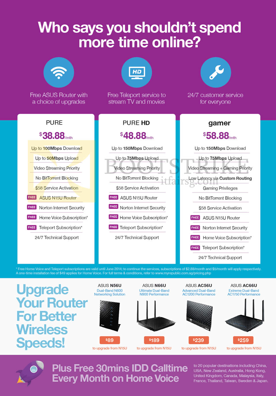 SITEX 2013 price list image brochure of MyRepublic Fibre Broadband Pure, Pure HD, Gamer, ASUS Router N56U, N66U, AC56U, AC66U