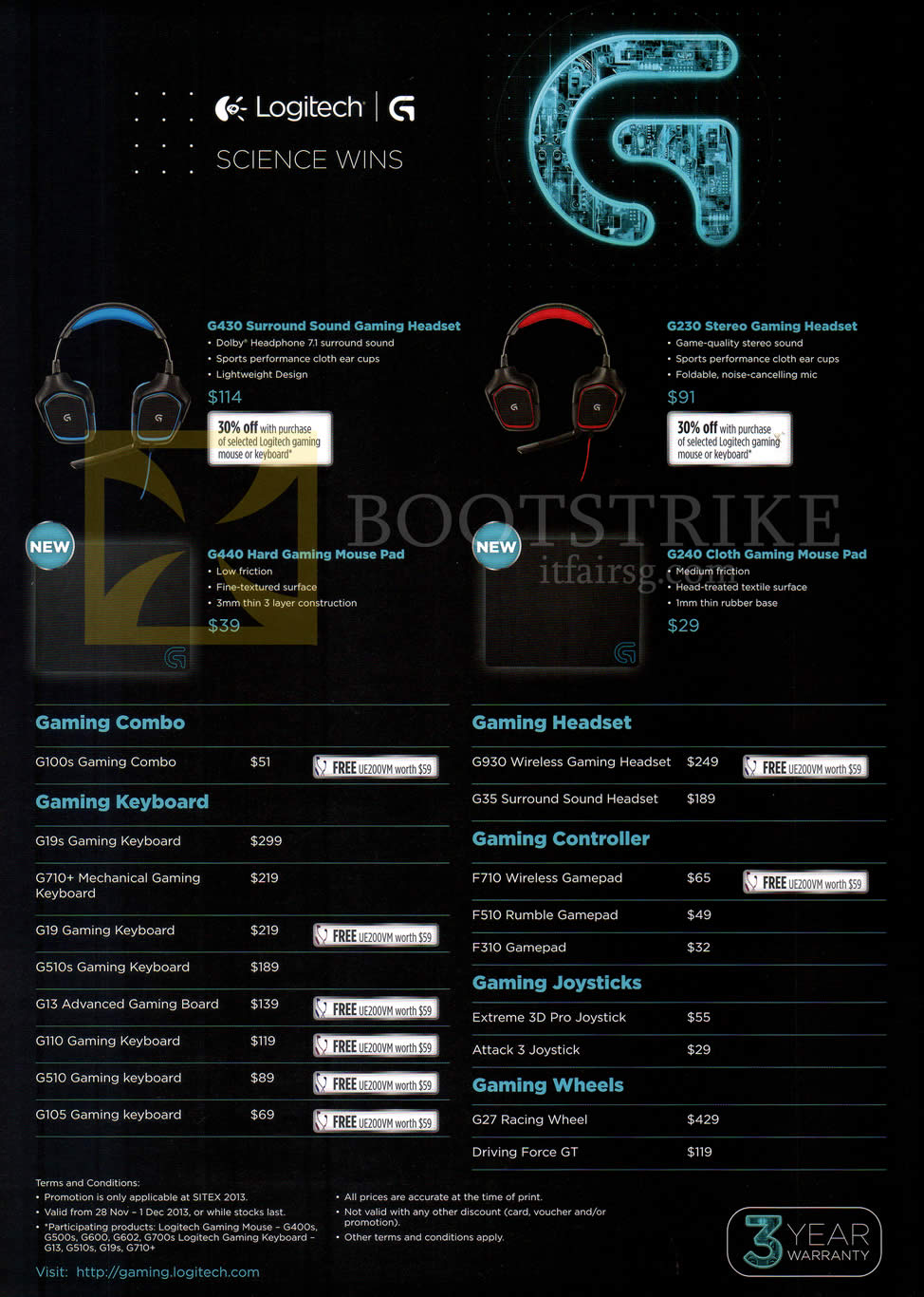 SITEX 2013 price list image brochure of Newstead Logitech Headsets G430, G230, G440, G240, Keyboards, Controller, Joystick, Wheels