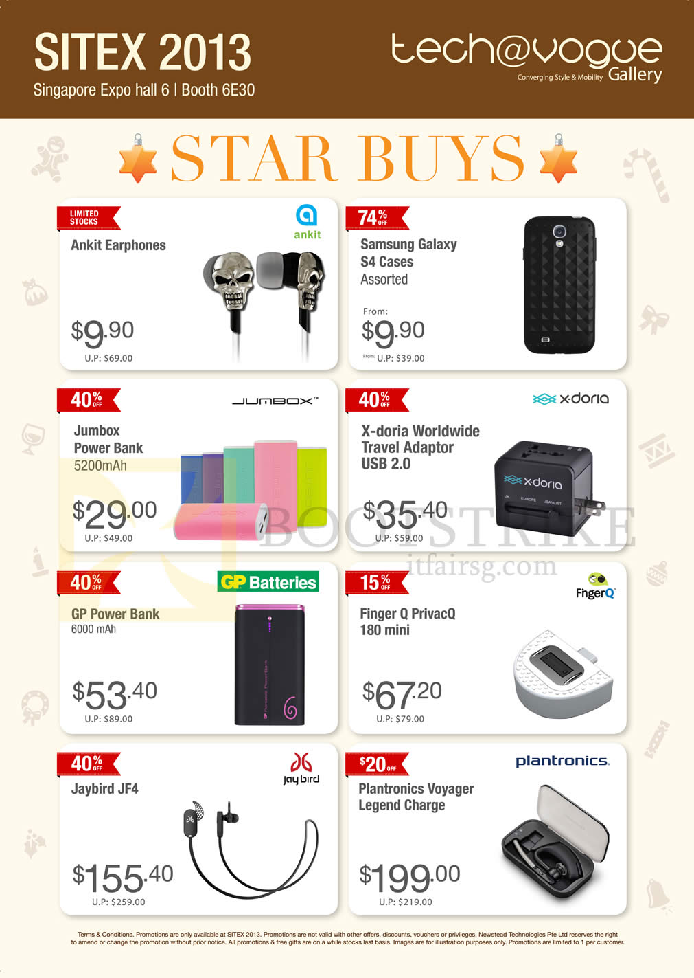 SITEX 2013 price list image brochure of Newstead Tech Vogue Star Buys Earphones, Samsung Galaxy S4 Case, Jumbox Power Bank, X-doria, GP, Jaybird, Plantronics