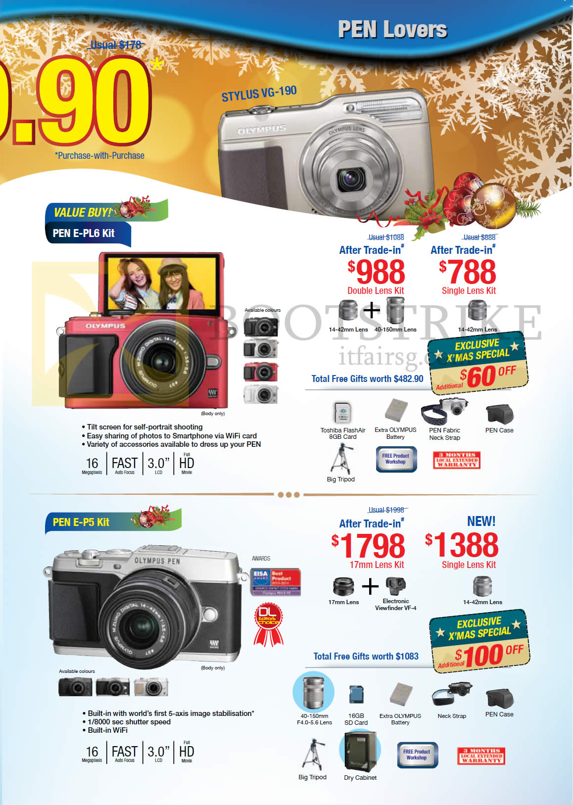 SITEX 2013 price list image brochure of Olympus Digital Cameras Pen E-PL6 Kit, Pen E-P5 Kit, Stylus VG-190