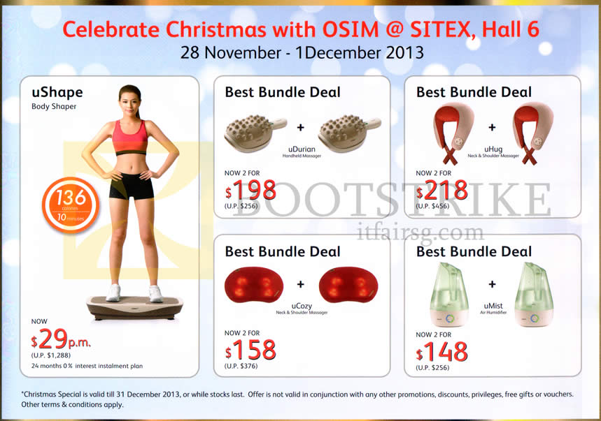 SITEX 2013 price list image brochure of Osim Bundles UShape Body Shaper, UDurian, UHug, UCozy, UMist