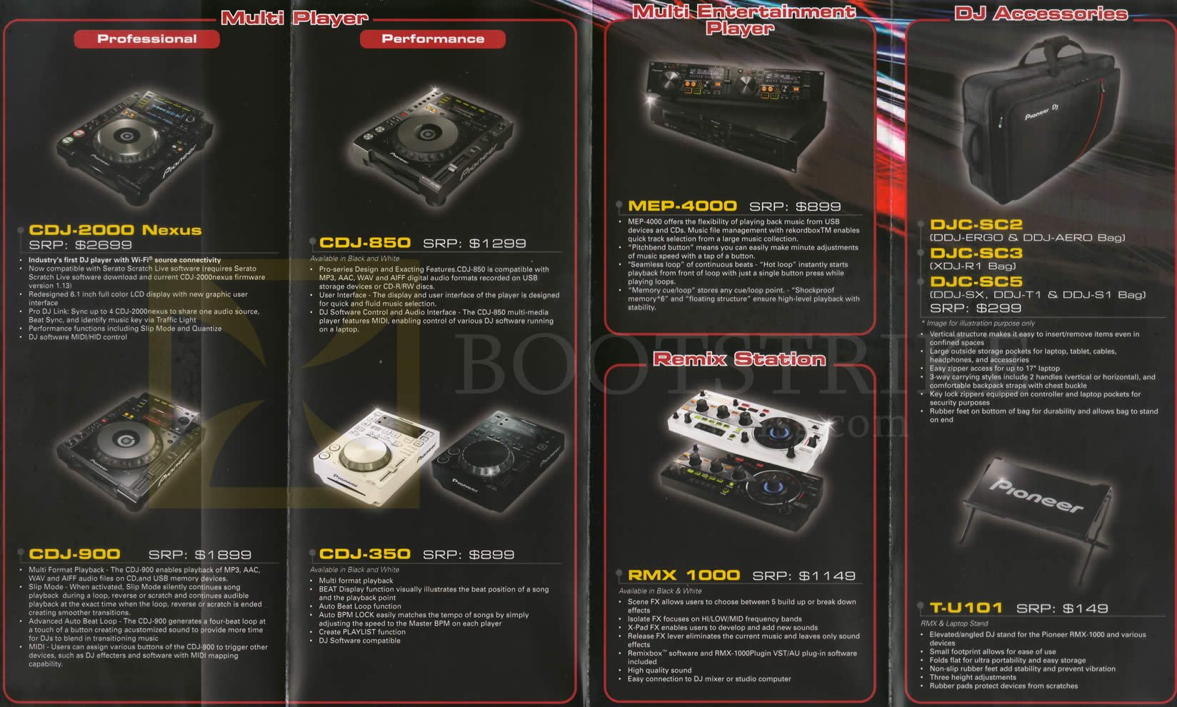 SITEX 2013 price list image brochure of Pioneer DJ Players, Accessories CDJ-2000Nexus, 900, 350, 850, MEP4000, RMX 1000, T-U101, DJC-SC2, SC3, SC5