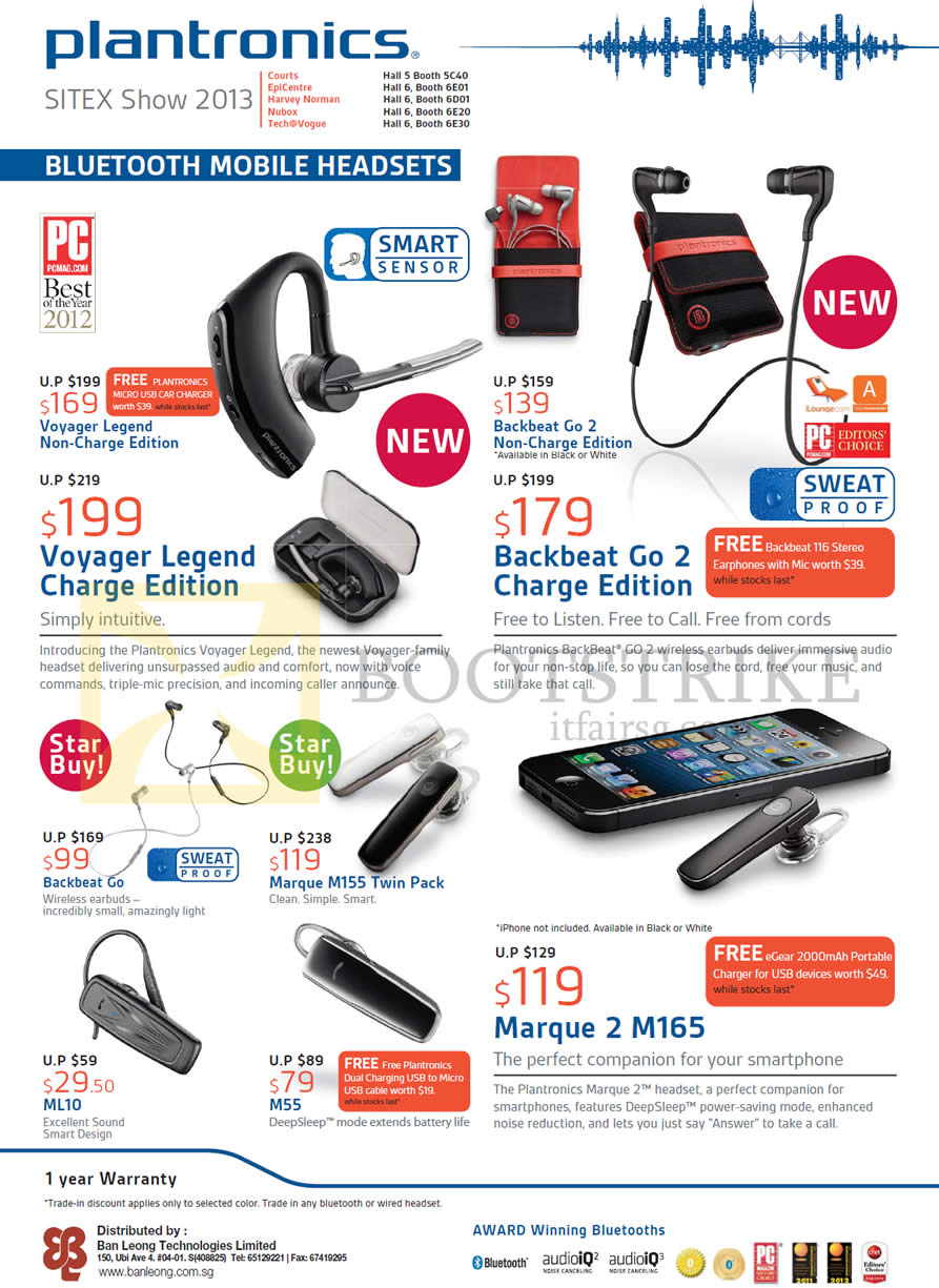 SITEX 2013 price list image brochure of Plantronics Bluetooth Headsets Price List BackBeat Go 2 Charge Edition, Voyager Legend, Marque 2 M165, M55, ML10