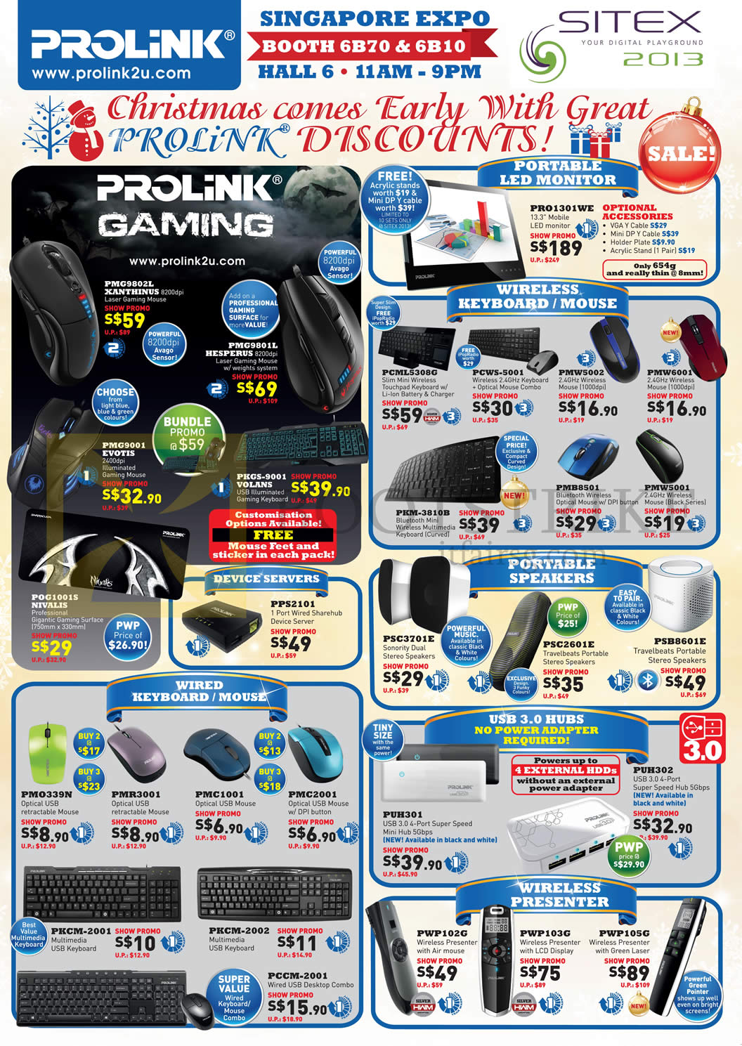 SITEX 2013 price list image brochure of Prolink Accessories LED Monitor, Wireless Keyboard, Mouse, Portable Speakers, USB 3.0 Hubs, Presenter, Keyboard, Mouse