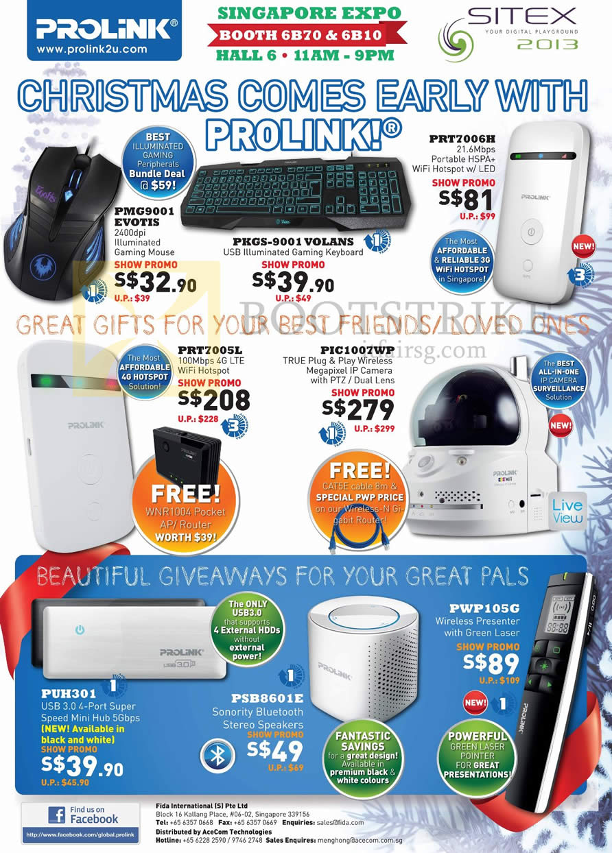 SITEX 2013 price list image brochure of Prolink Evotis Mouse, Volans Keyboard, Wifi 3G 4GHotspot, IPCam, USB Hub, Sonority Speakers, Presenter