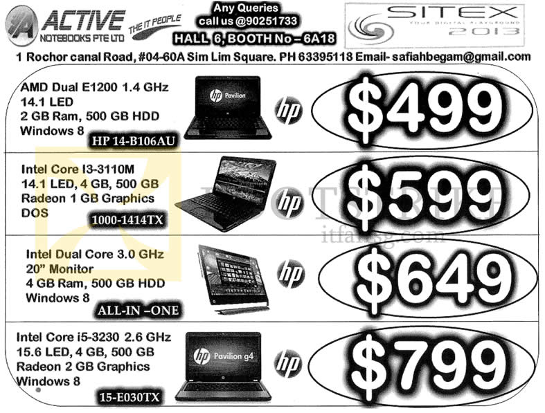 SITEX 2013 price list image brochure of Ray Active Notebooks HP 14-B106AU, 1000-1414TX, 15-E030TX