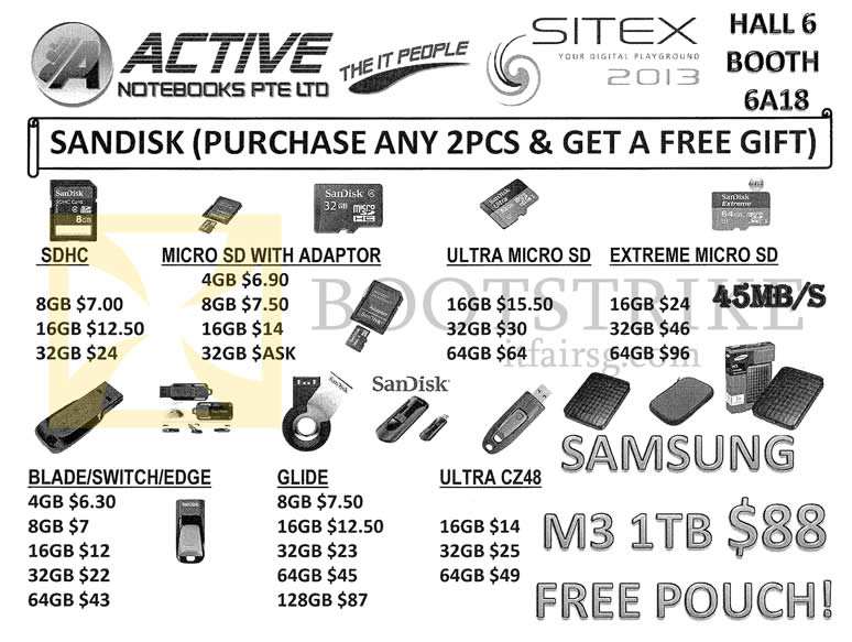 SITEX 2013 price list image brochure of Ray Active Notebooks Sandisk USB Flash Drives SDHC, MicroSD, Extreme, Blade, Switch, Edge, Glide, Ultra CZ48, Extreme