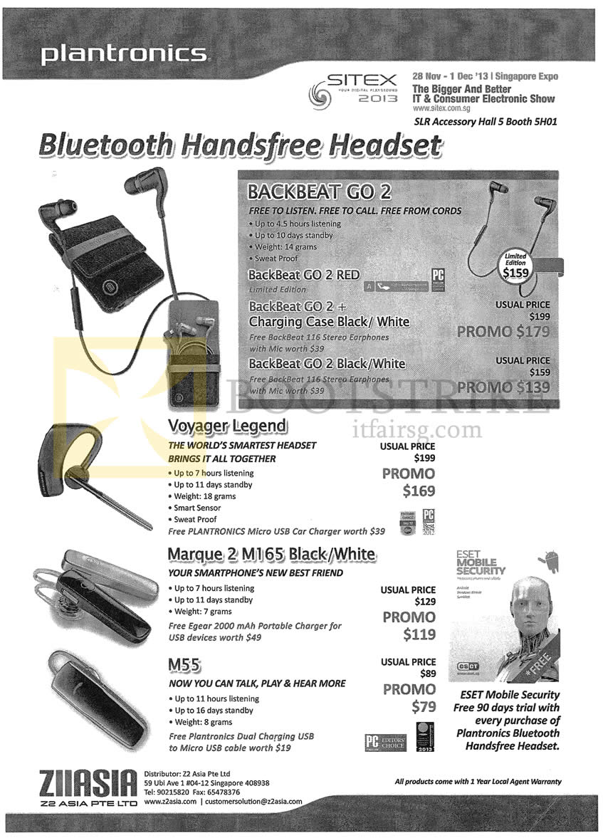 SITEX 2013 price list image brochure of SLR Accessory Plantronics Bluetooth Headsets, Backbeat Go 2, Voyager Legend, Marque 2 M165, M55