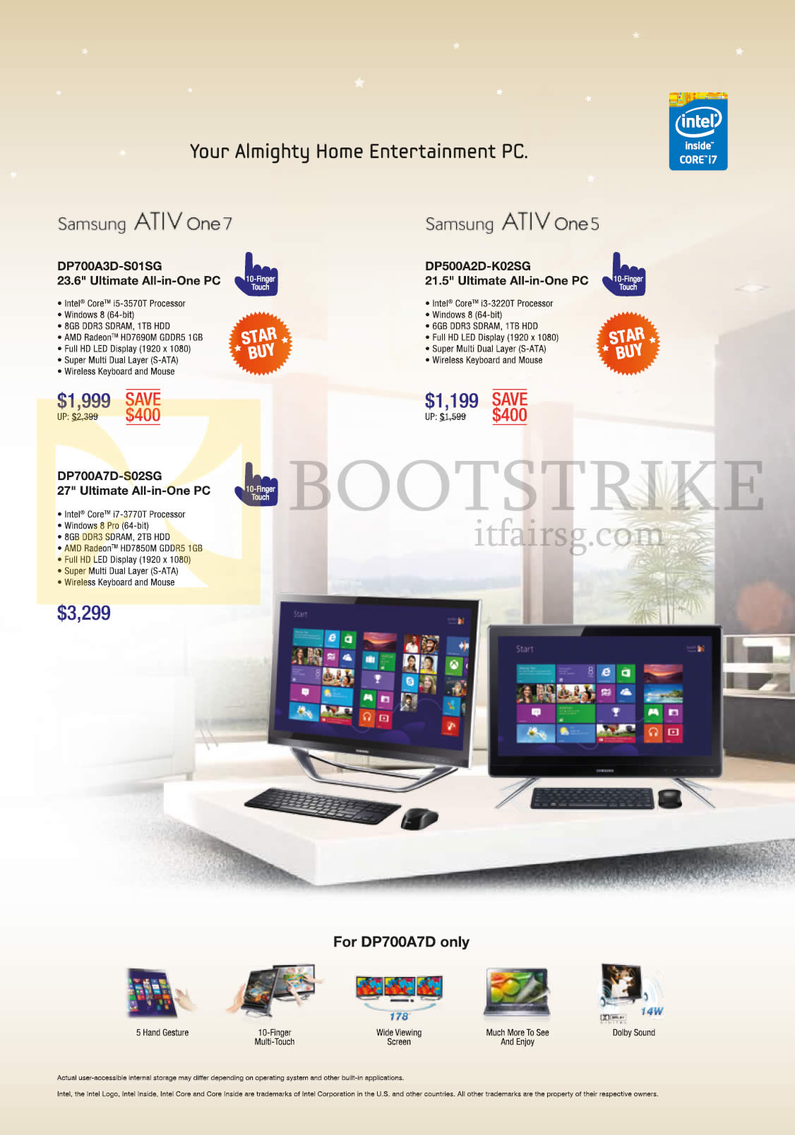 SITEX 2013 price list image brochure of Samsung AIO Desktop PCs ATIV One 7 DP700A3D-S01Sg, One 5 DP500A2D-K02SG, DP700A7D-S02SG