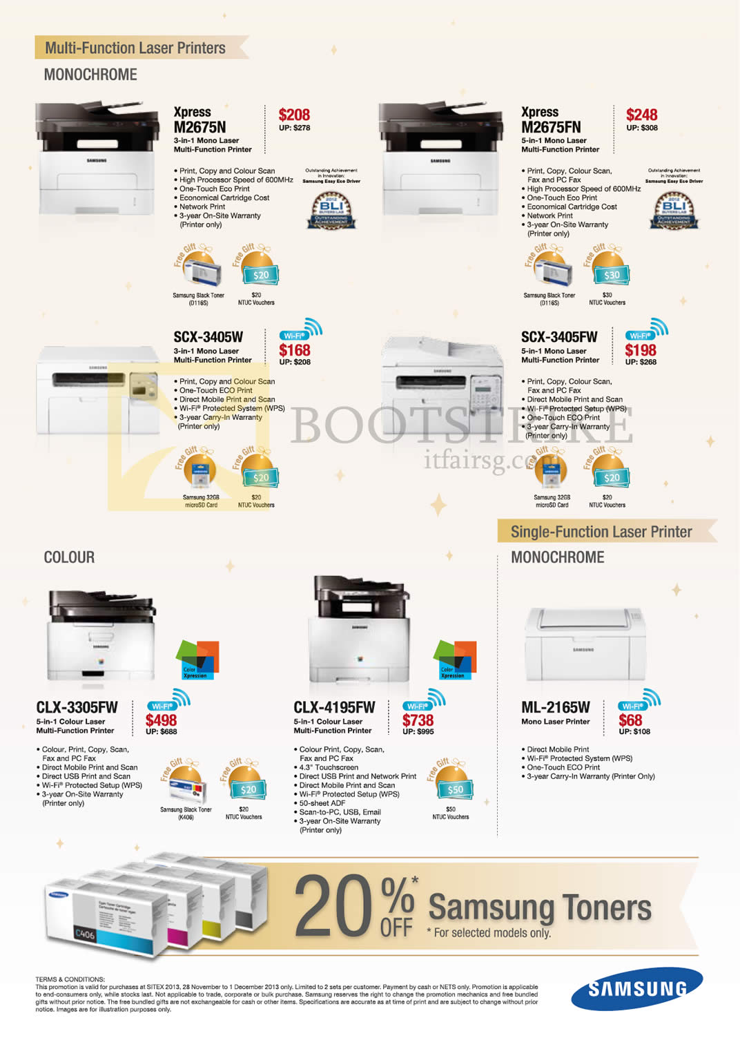 SITEX 2013 price list image brochure of Samsung Printers Laser Xpress M2675N, M2675FN SCX-3405W SCX-3405FW CLX-3305FW CLX-4195FW ML-2165W, Toners