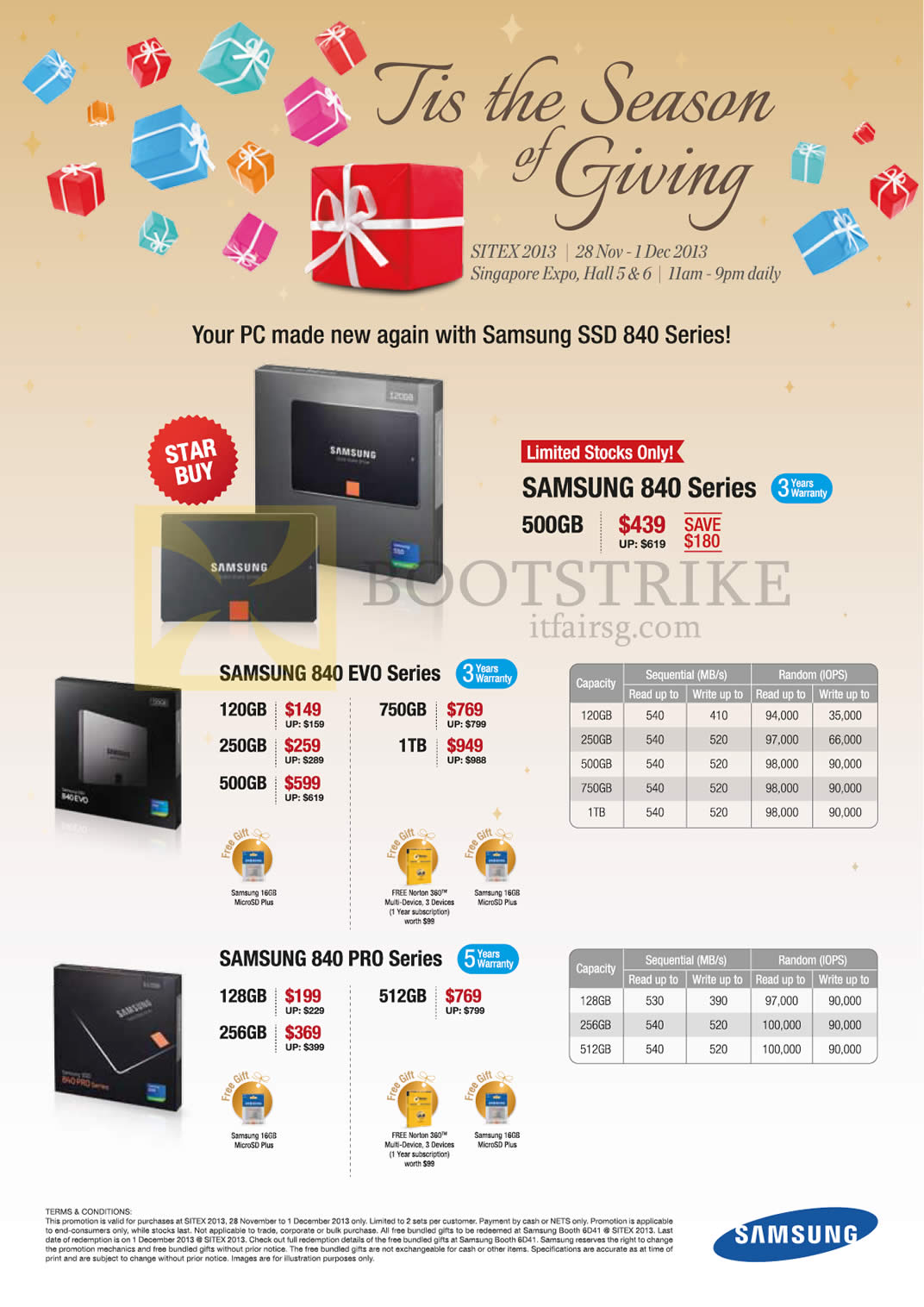 SITEX 2013 price list image brochure of Samsung SSD 840 500GB, Evo 120GB 250GB 500GB 750GB 1TB, 840 Pro 128GB 256GB 512GB