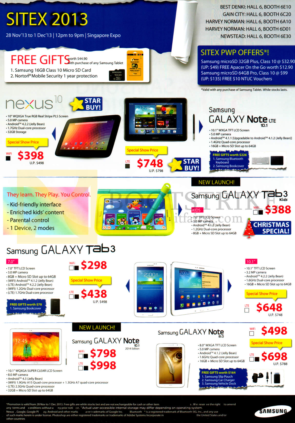 SITEX 2013 price list image brochure of Samsung Tablets Nexus 10, Galaxy Note 10.1 LTE, Tab 3 7.0, Tab 3 Kids, Note 10.1, Note 8.0