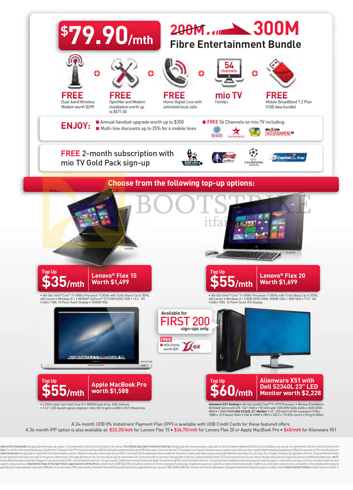 SITEX 2013 price list image brochure of Singtel 79.90 300mbps Fibre Entertainment Bundle, Notebooks Lenovo Flex 15, Flex 20, Apple Macbook Pro, Dell Alienware X51 Desktop PC