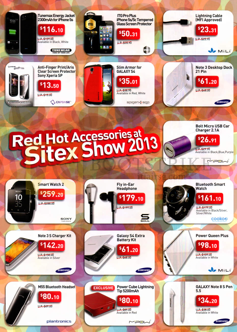 SITEX 2013 price list image brochure of Singtel Accessories Case, Protector, Cable, Charger, Smart Watch 2, Fly In Ear Heeadphone, Bluetooth Smart Watch, Headsets, S Pen