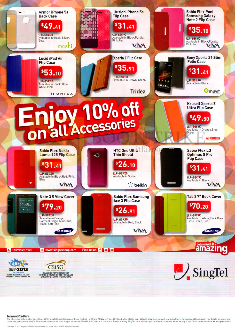 SITEX 2013 price list image brochure of Singtel Accessories, Case, Sabio, Sony, Armor, Folio