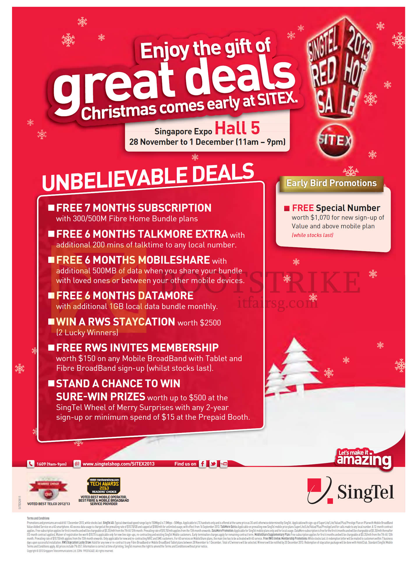 SITEX 2013 price list image brochure of Singtel Booth Specials, Free 7 Months Subscription, Special Number, Free 6mths Talkmore Extra, Free 6mths Datamore