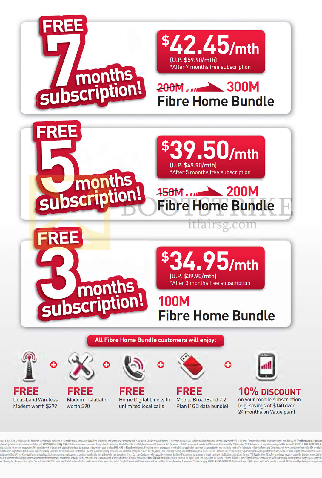 SITEX 2013 price list image brochure of Singtel Fibre Broadband Free Months, 300Mbps 42.45, 200mbps 39.50, 100Mbps 34.95