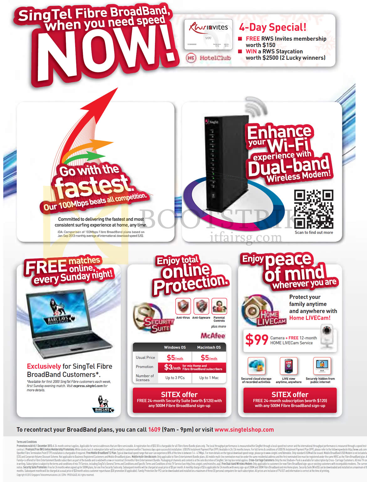 SITEX 2013 price list image brochure of Singtel Fibre Broadband Free RWS Invites Memberships, Dual Band Wireless Model, Free Matches, Online Protection, Home Livecam