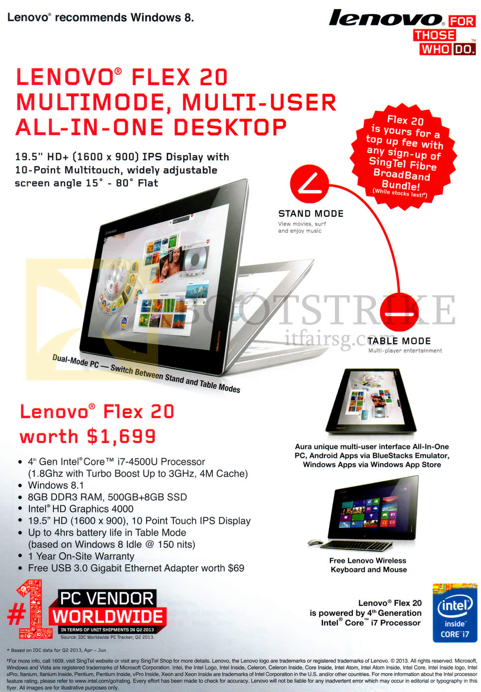 SITEX 2013 price list image brochure of Singtel Fibre Broadband Lenovo AIO Desktop PC Flex 20 Specifications