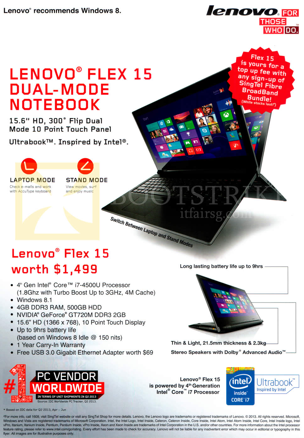 SITEX 2013 price list image brochure of Singtel Fibre Broadband Lenovo Notebook Flex 15 Specifications