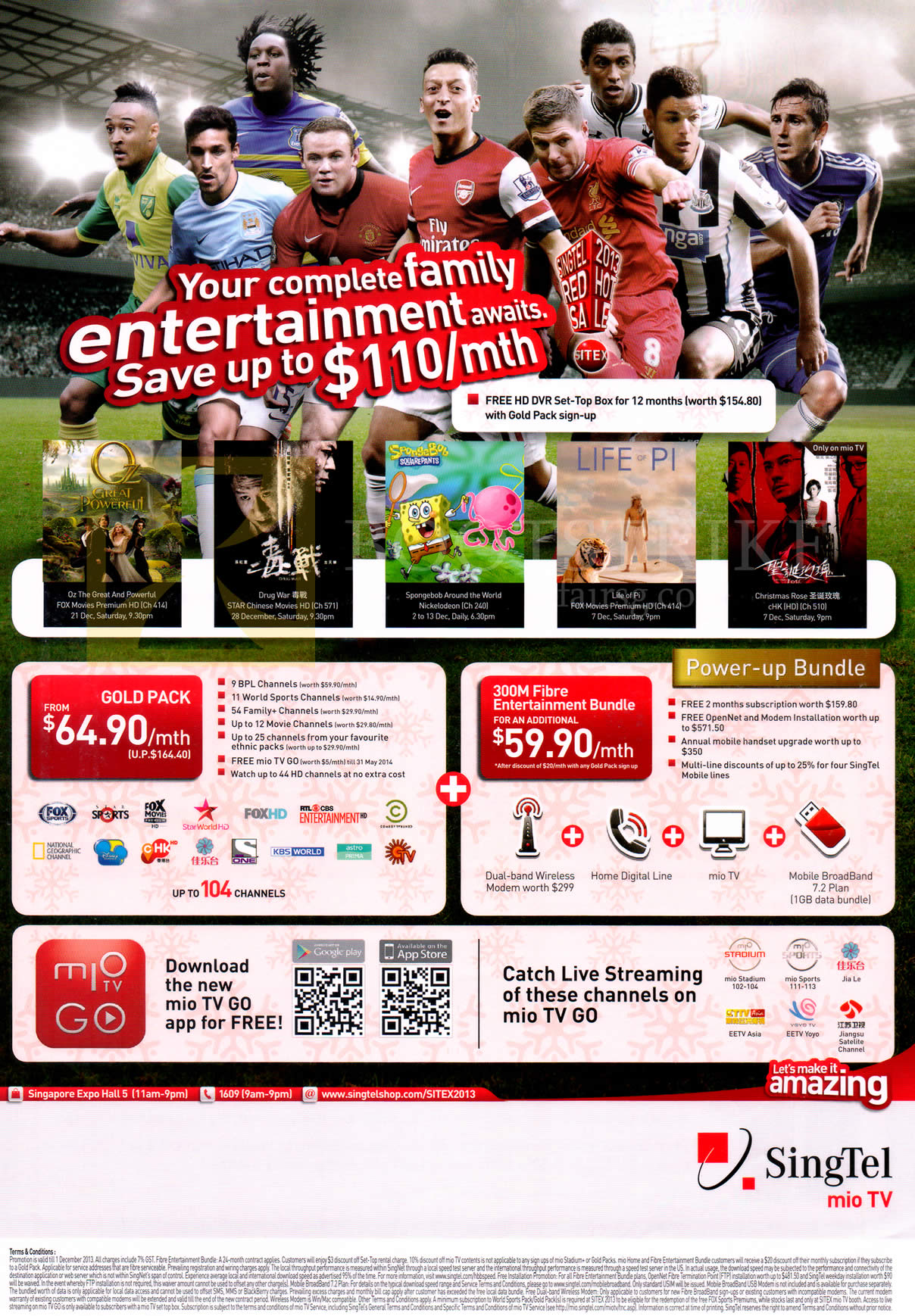 SITEX 2013 price list image brochure of Singtel Mio TV Bundles Gold Pack, 59.90 300Mbps Fibre Entertainment Bundle