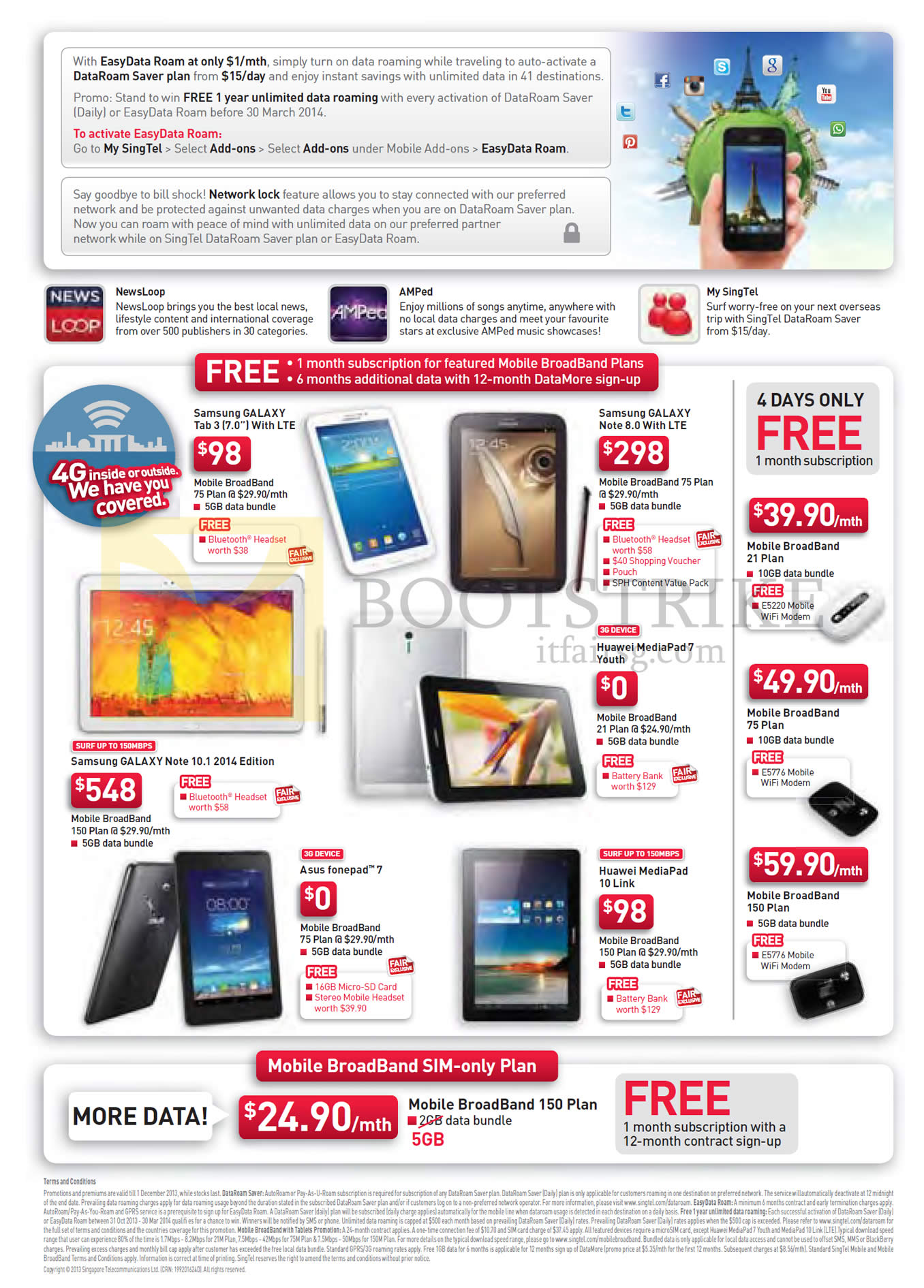 SITEX 2013 price list image brochure of Singtel Mobile Broadband Plans, Samsung Galaxy Tab 3 7.0, Note 8.0, Note 10.1 2014 Edition, ASUS Fonepad 7, Huawei MediaPad 10 Link