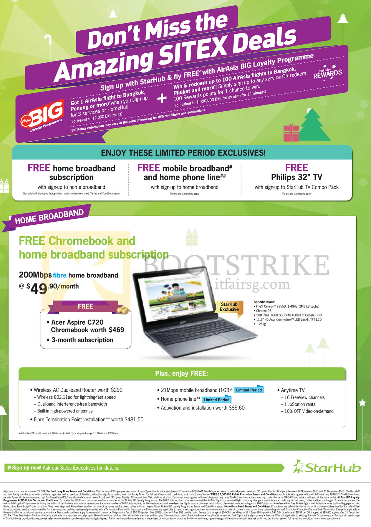 SITEX 2013 price list image brochure of Starhub Booth Exclusives, Fibre Broadband 200Mbps 49.90 Free Acer Aspire C720 Chromebook, Free Home Broadband, Free Mobile Broadband, Free Philips 32 TV