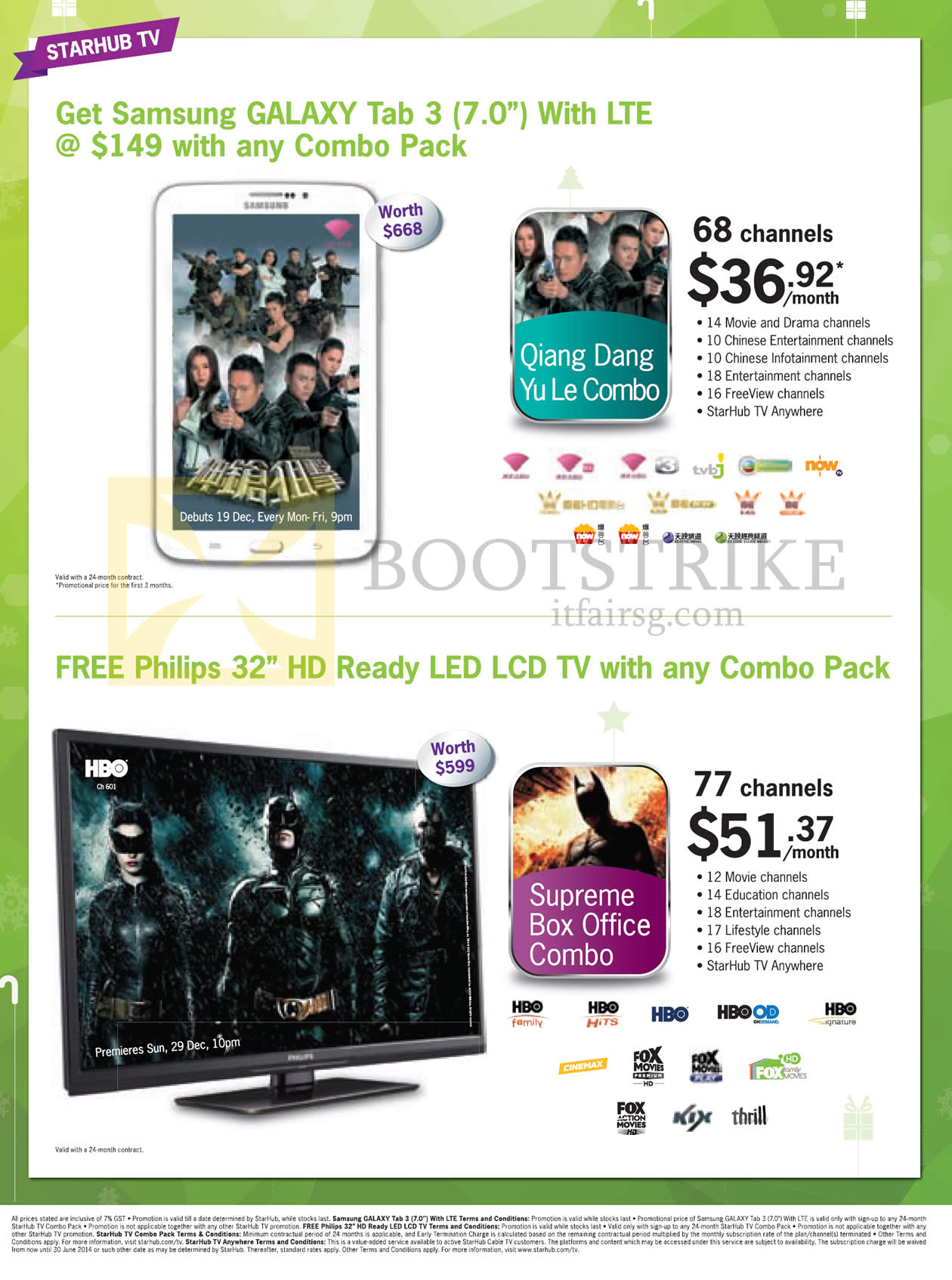 SITEX 2013 price list image brochure of Starhub Cable TV Free Philips 32 TV, Samsung Galaxy Tab 3 7.0, Qiang Dang Yu Le Combo Pack, Supreme Box Office Combo