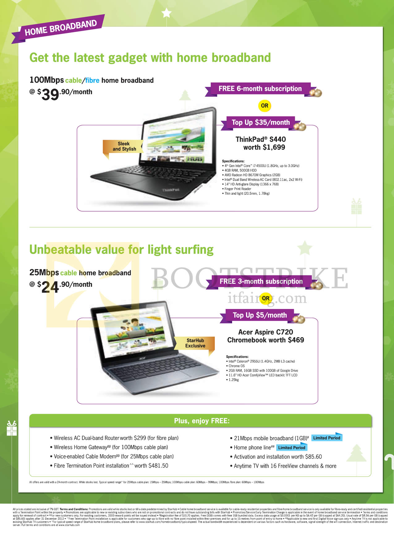 SITEX 2013 price list image brochure of Starhub Fibre Broadband 100Mbps 39.90 Free 6 Months Or ThinkPad S440 Notebook, 25Mbps 24.90 Free 3 Month Or Acer Aspire C720 Chromebook