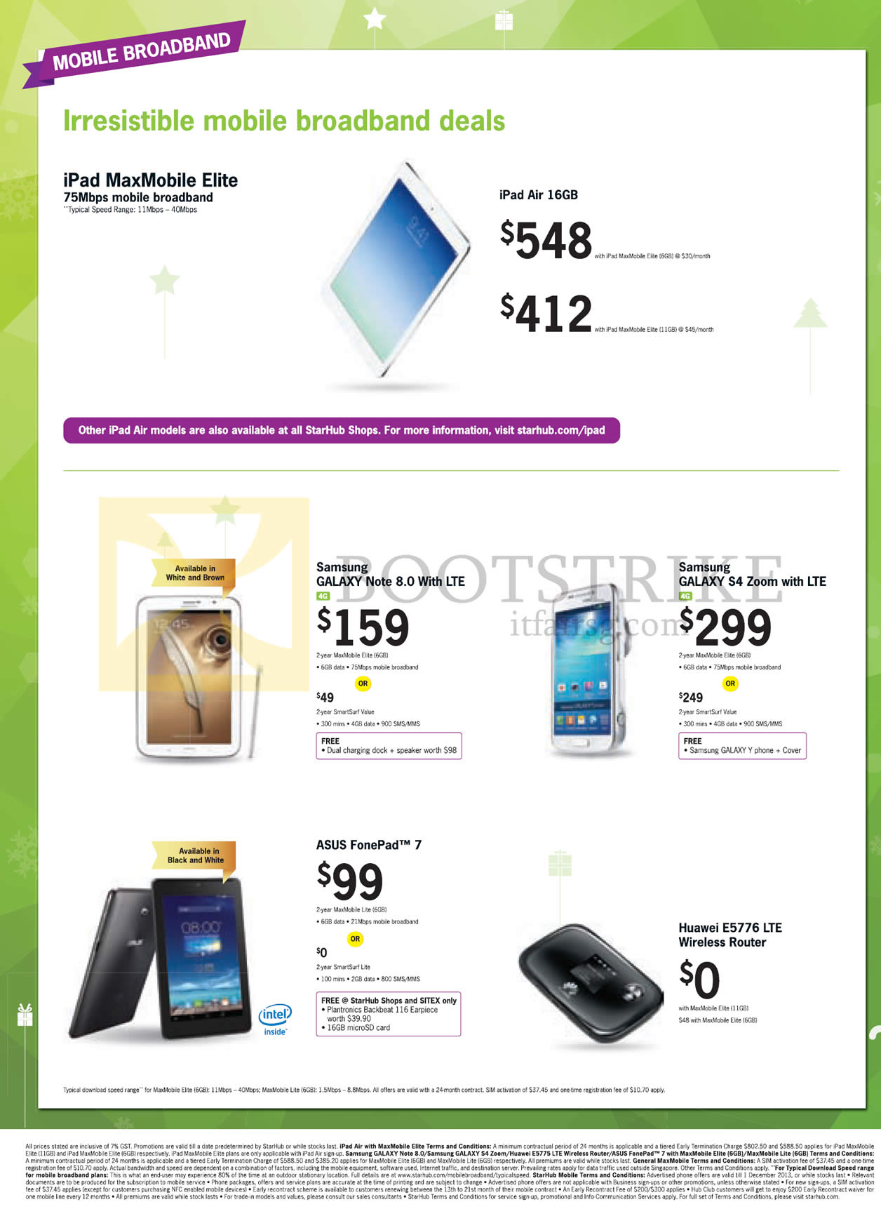 SITEX 2013 price list image brochure of Starhub Mobile Broadband Apple IPad Air, Samsung Galaxy Note 8.0, S4 Zoom, ASUS Fonepad 7, Huawei E5776 LTE