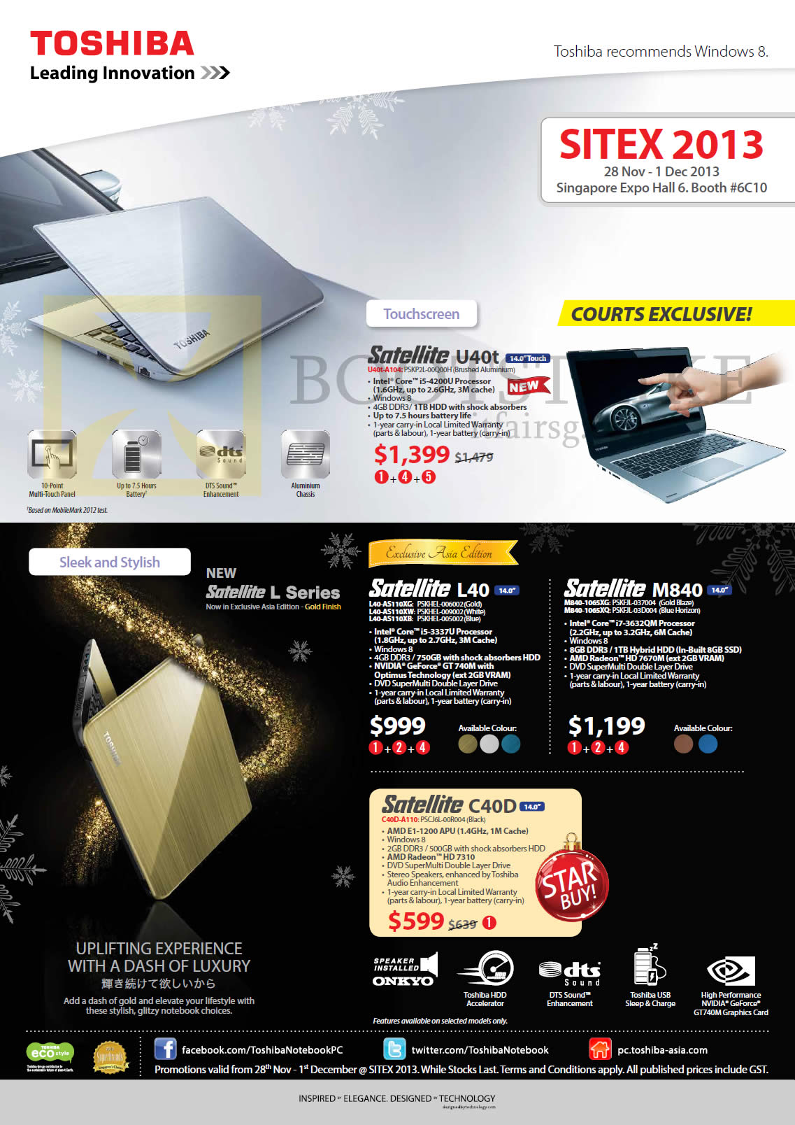 SITEX 2013 price list image brochure of Toshiba Notebooks Satellite U40t, L40, M840, C40D